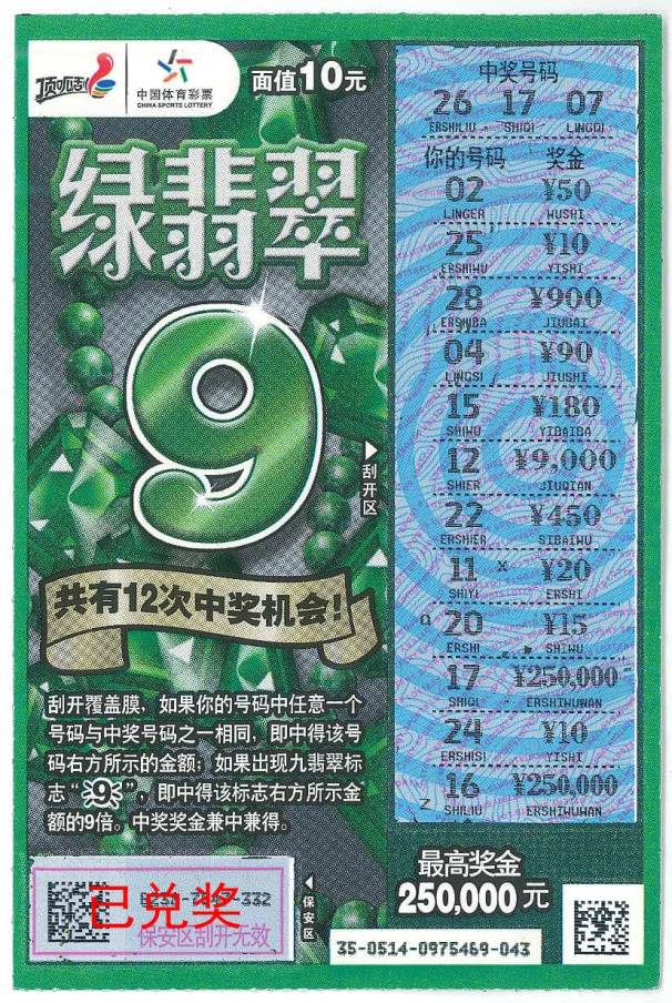 体彩顶呱刮绿翡翠25万2020年再次花落中山