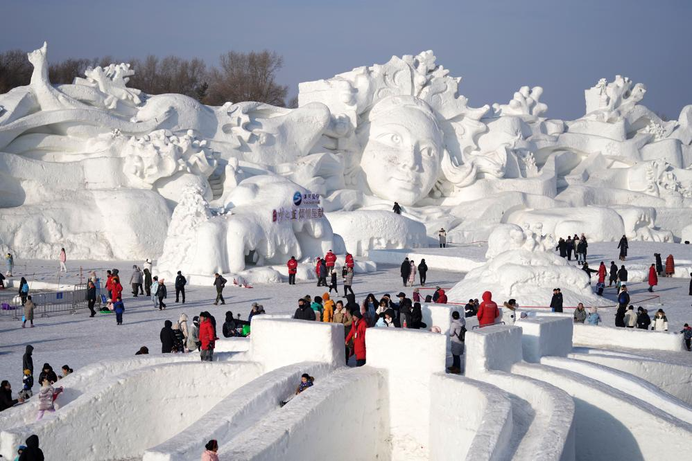 2月13日，游客在哈尔滨太阳岛雪博会园区内体验冰雪娱乐项目。新华社记者 王建威 摄