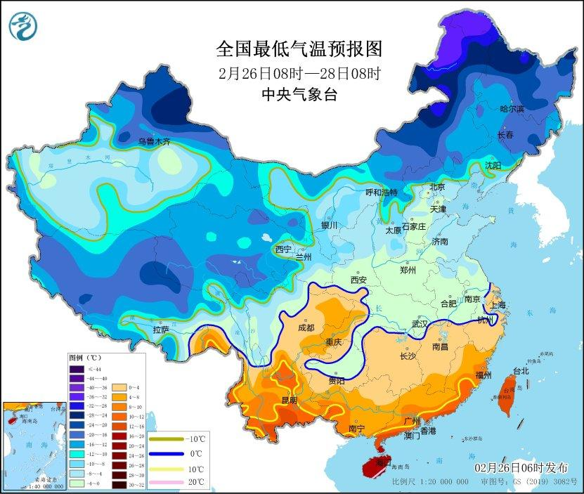 全国最低气温预报图(2月26日08时-28日08时)