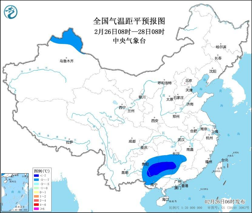 全国平均气温距平预报图(2月26日08时-28日08时)