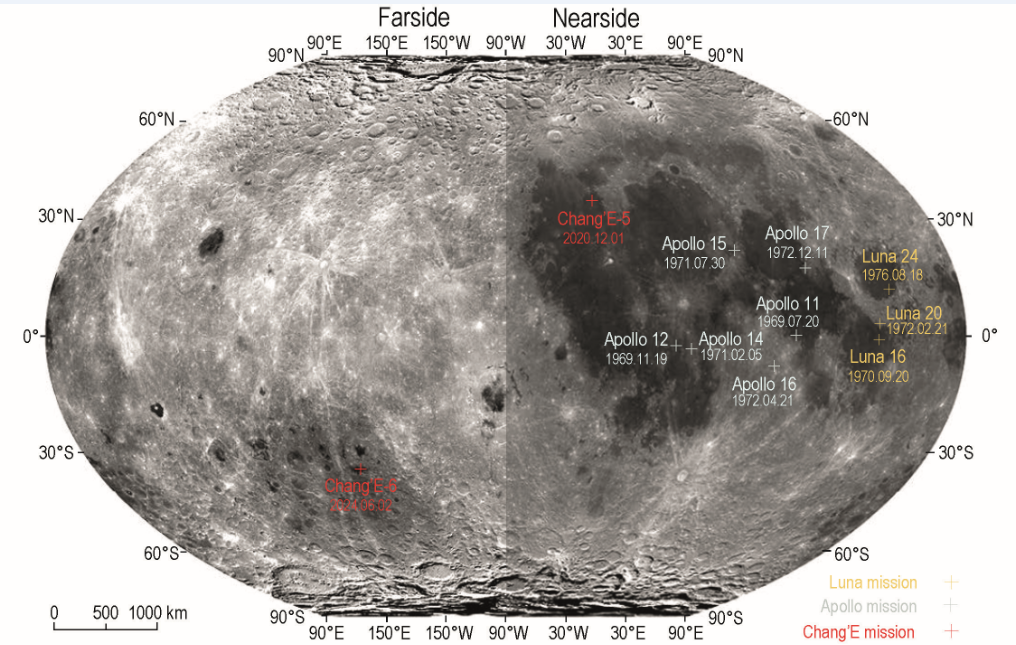 嫦娥六號(hào)與嫦娥五號(hào)、美國(guó)Apollo計(jì)劃及蘇聯(lián)Luna計(jì)劃落點(diǎn)示意圖。（中國(guó)科學(xué)院國(guó)家天文臺(tái)供圖）