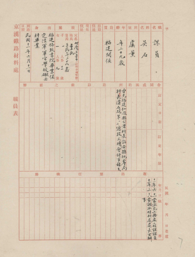 革命烈士吳石在京漢鐵路管理局工作時(shí)的職員表。新華社發(fā)