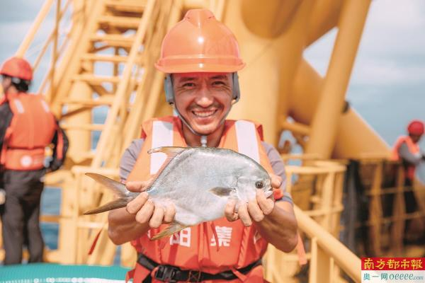 明阳集团海工装备主任工程师张渔在收鱼现场。