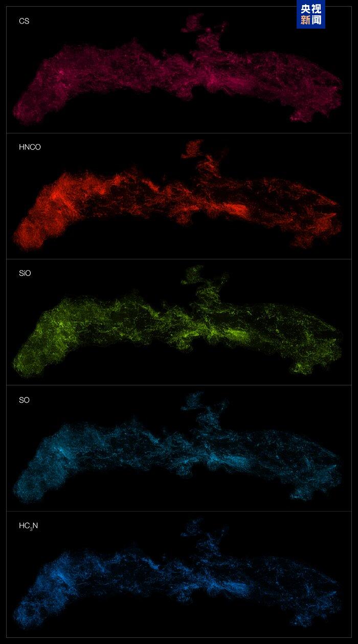 △ALMA观测到的银河系中心不同分子分布,此处展示的五种分子自上而下分别为:一硫化碳、异氰酸、一氧化硅、一氧化硫和氰乙炔。