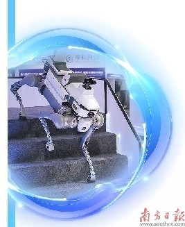 8月20日，在世界机器人大会上，广东企业中科开创的机器狗下楼梯。