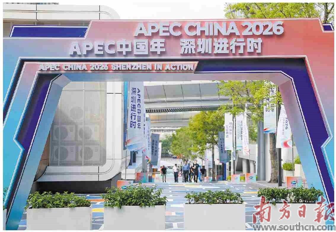龙岗机器人街区里,APEC主题道旗沿路排开。科技气息与盛会氛围一路相映。