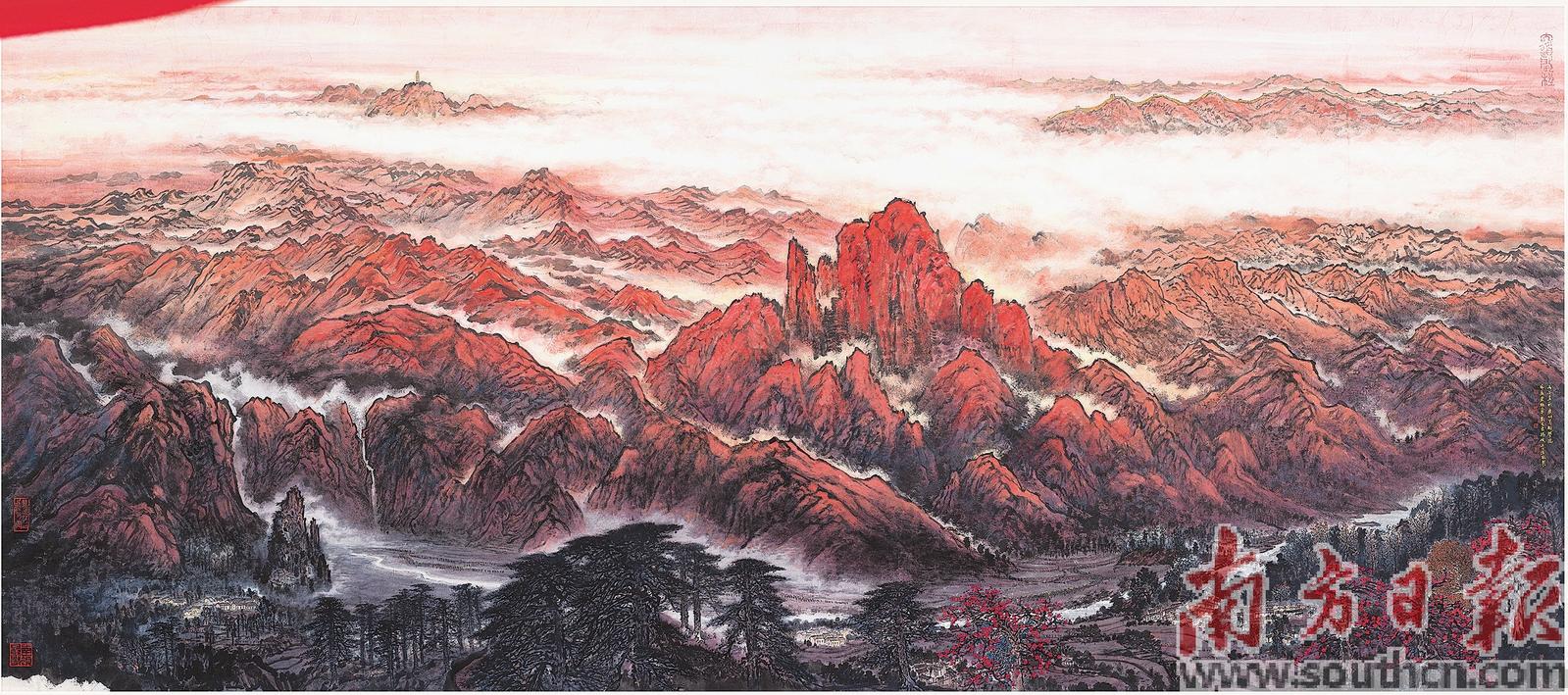 《长征·南岭长歌》(300cm×690cm/纸本彩墨/2026年)以毛泽东《七律·长征》“五岭逶迤腾细浪”壮阔诗意为意境总纲,立体式表现红军长征转战南粤、北上抗日、保家卫国的精神内核。作者:林蓝、蔡拥华、刘文东、杨峻、王少浩。广州美术学院供图